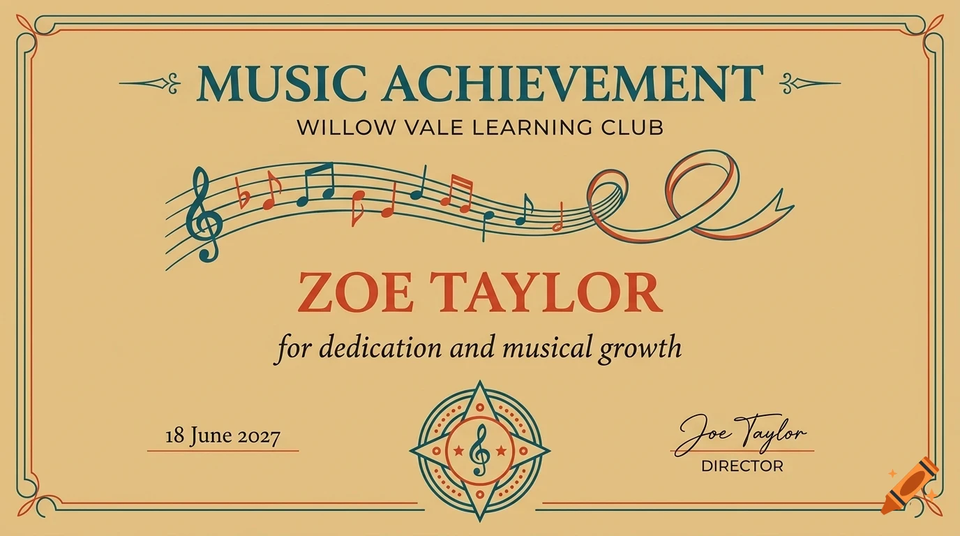 A certificate titled MUSIC ACHIEVEMENT from Willow Vale Learning Club, awarded to Zoe Taylor for dedication and musical growth on 18 June 2027.
