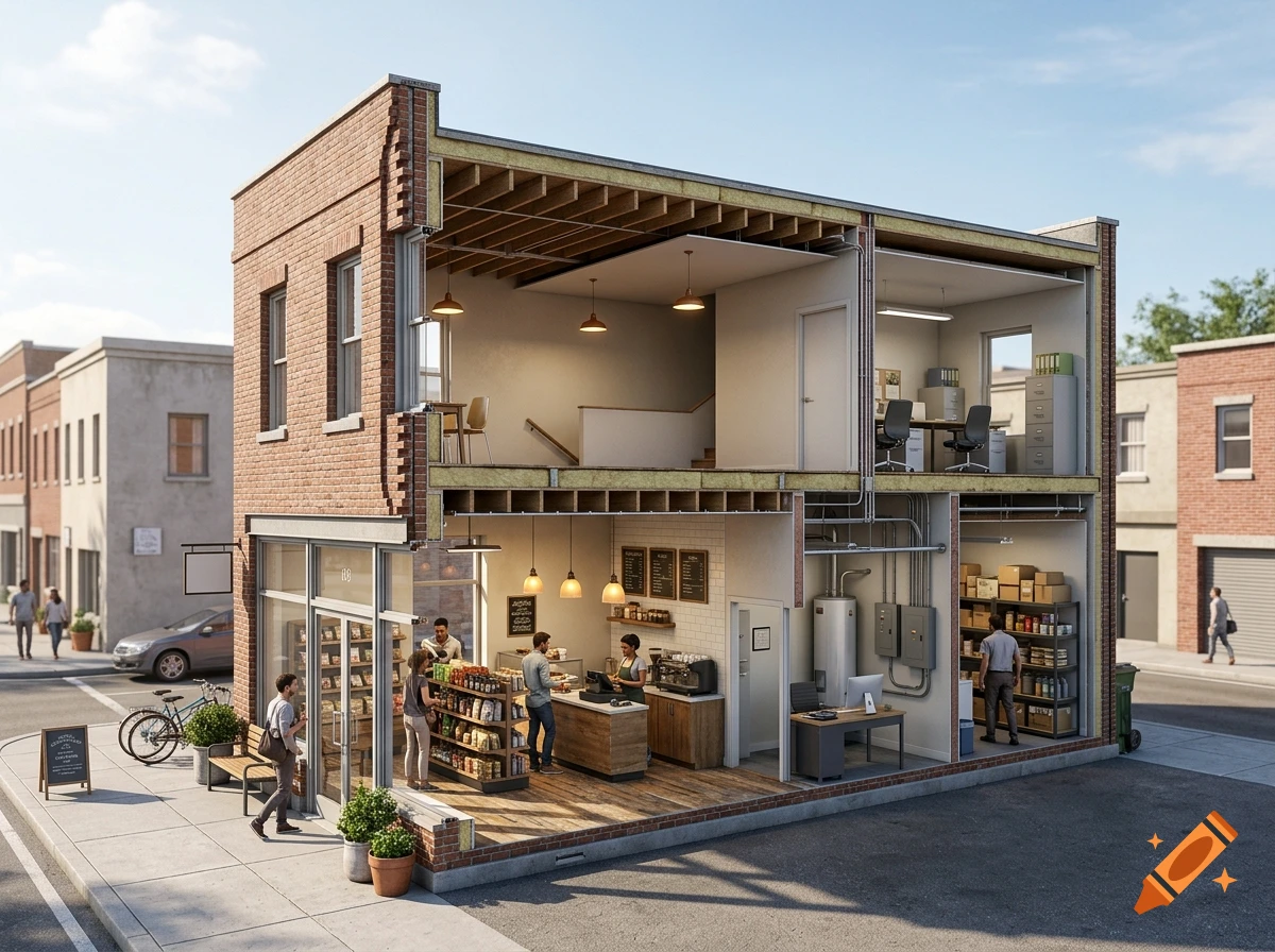 Photorealistic cutaway diorama of a two-story small business building showing a coffee shop, offices, and storage.