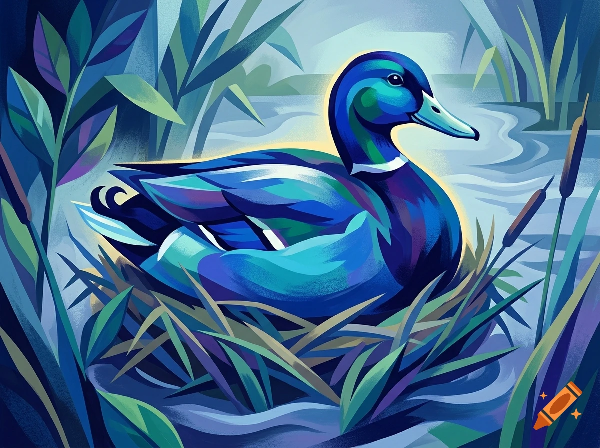 Stylized illustration of a mallard duck sitting in a nest among reeds, featuring bold blue tones in the style of Franz Marc.