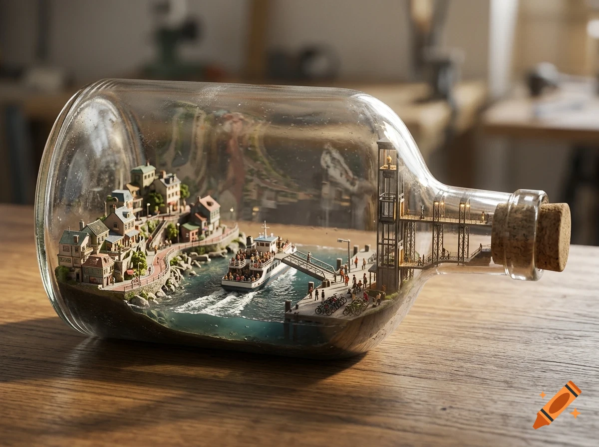 A detailed miniature model of a coastal town, ferry, and elevator built inside a glass bottle on a wooden table.