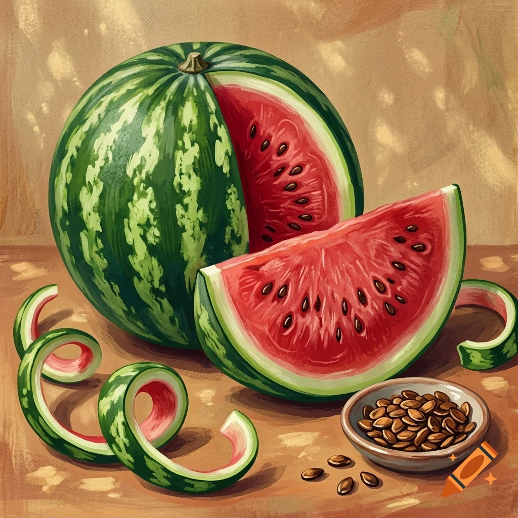 An oil painting of a whole watermelon with a wedge cut out, a separate slice, curled rind strips, and a bowl of seeds on a table.
