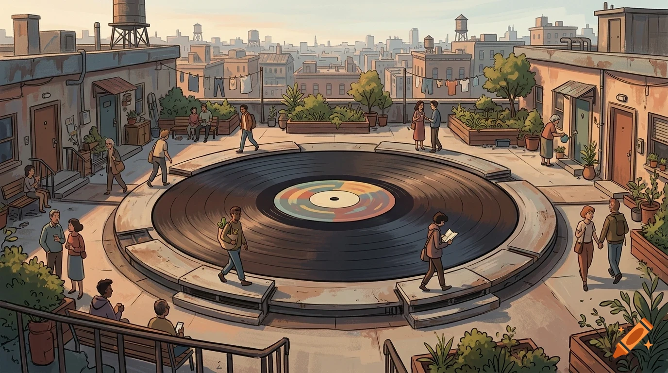 An illustrated rooftop courtyard features a massive vinyl record embedded in the center, surrounded by people walking, sitting, and socializing.