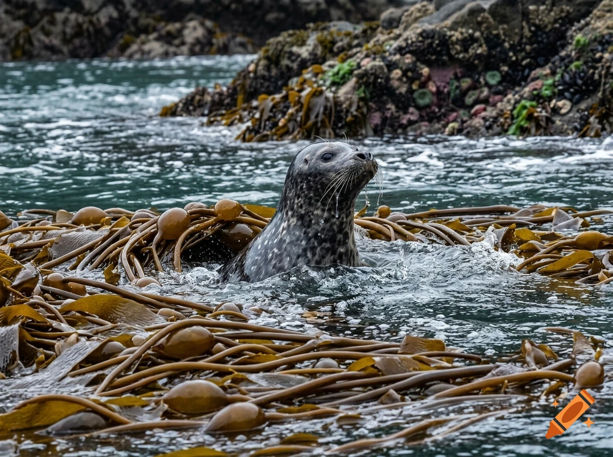 A spotted seal emerges from the water among kelp near a rocky shore.
