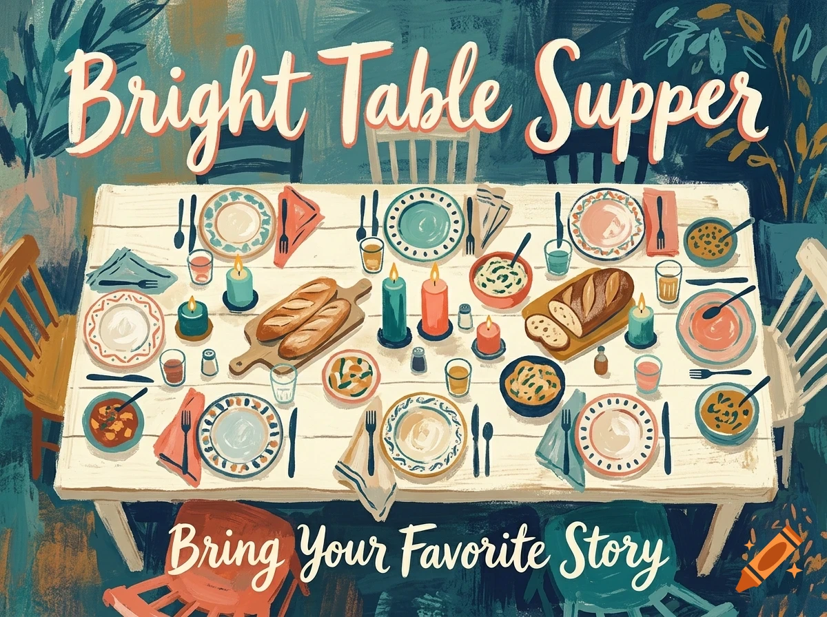 An illustrated top-down view of a long wooden dining table set for a supper, laden with plates, bowls of food, bread, drinks, and lit candles, surrounded by chairs, with the text "Bright Table Supper" and "Bring Your Favorite Story" written at the top and bottom.