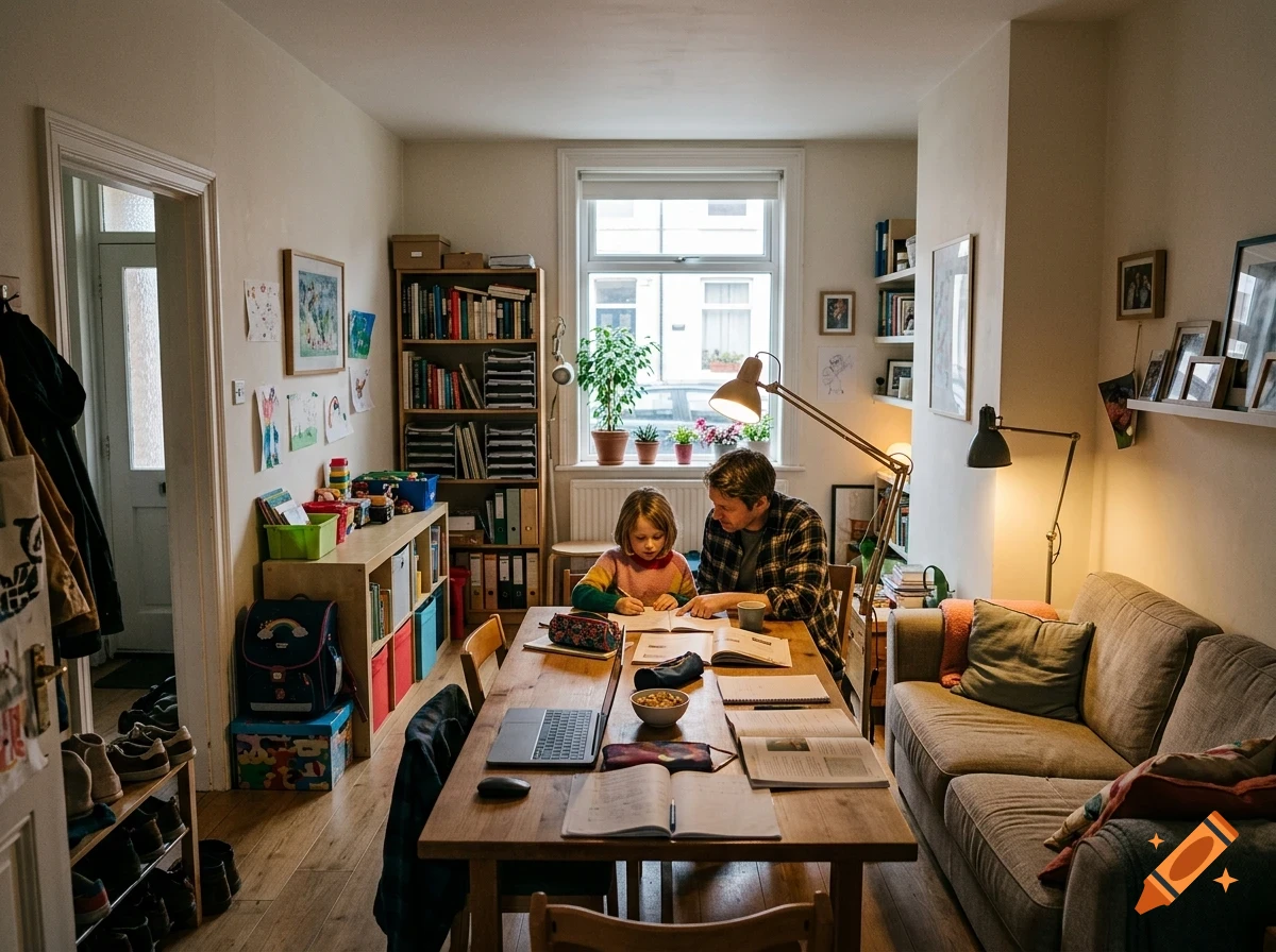 An adult and child sitting at a dining table in a living room, studying with books and papers.