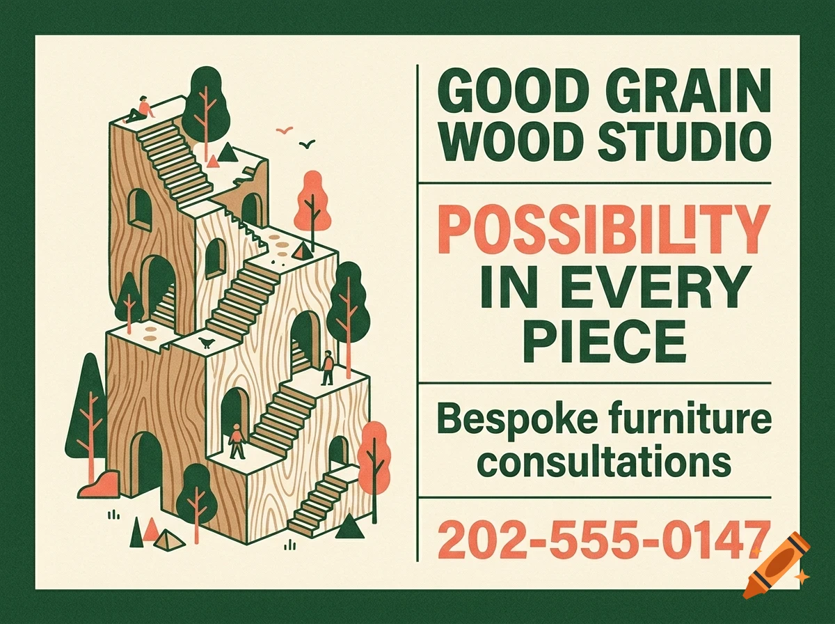 An illustrated advertisement for Good Grain Wood Studio showing a multi-tiered wooden structure with stairs and trees, alongside text for bespoke furniture consultations and a phone number.