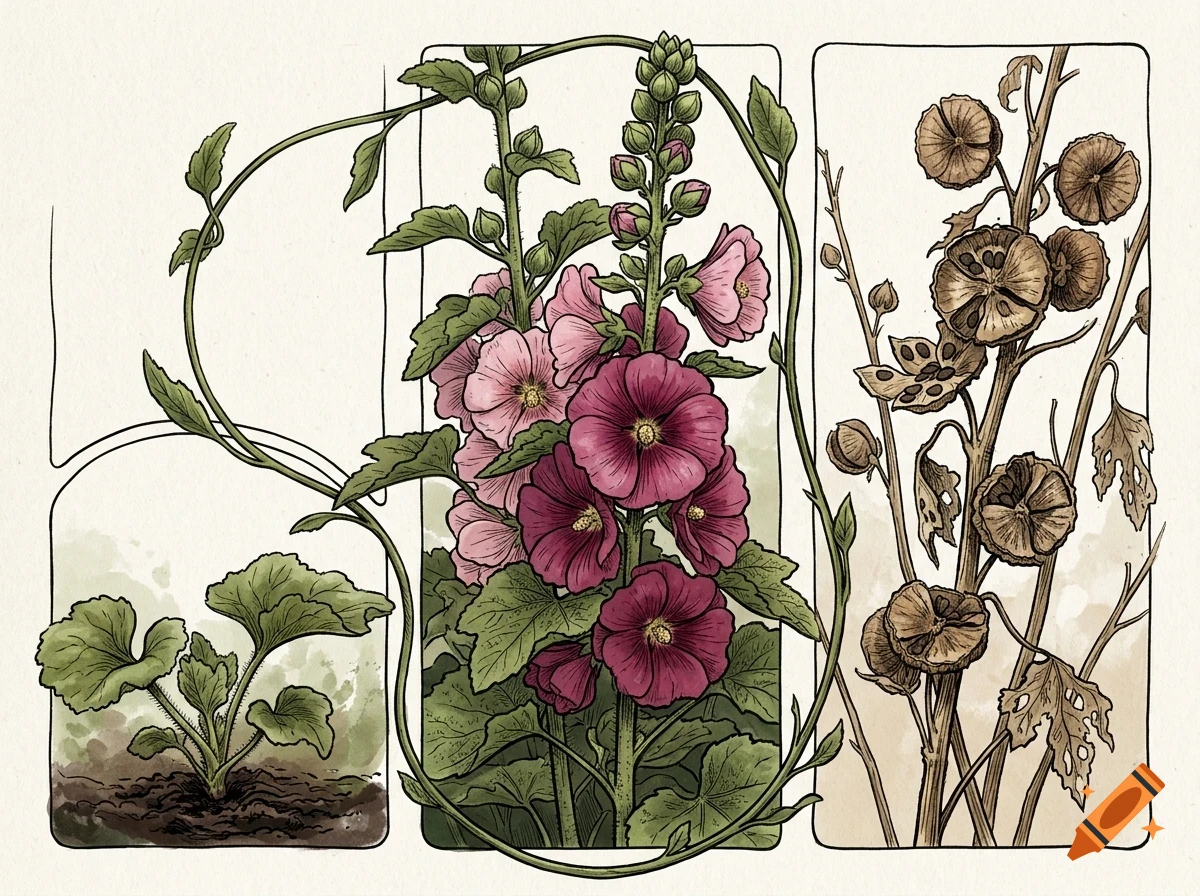 An illustrated botanical panel showing three stages of a hollyhock plant, including a young sprout, blooming pink and magenta flowers, and dried seed pods.