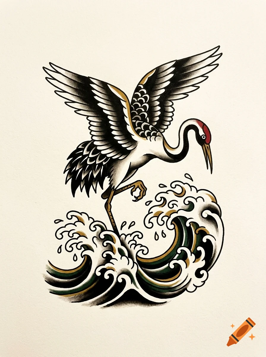 An illustration of a crowned crane flying over stylized ocean waves in traditional tattoo style.