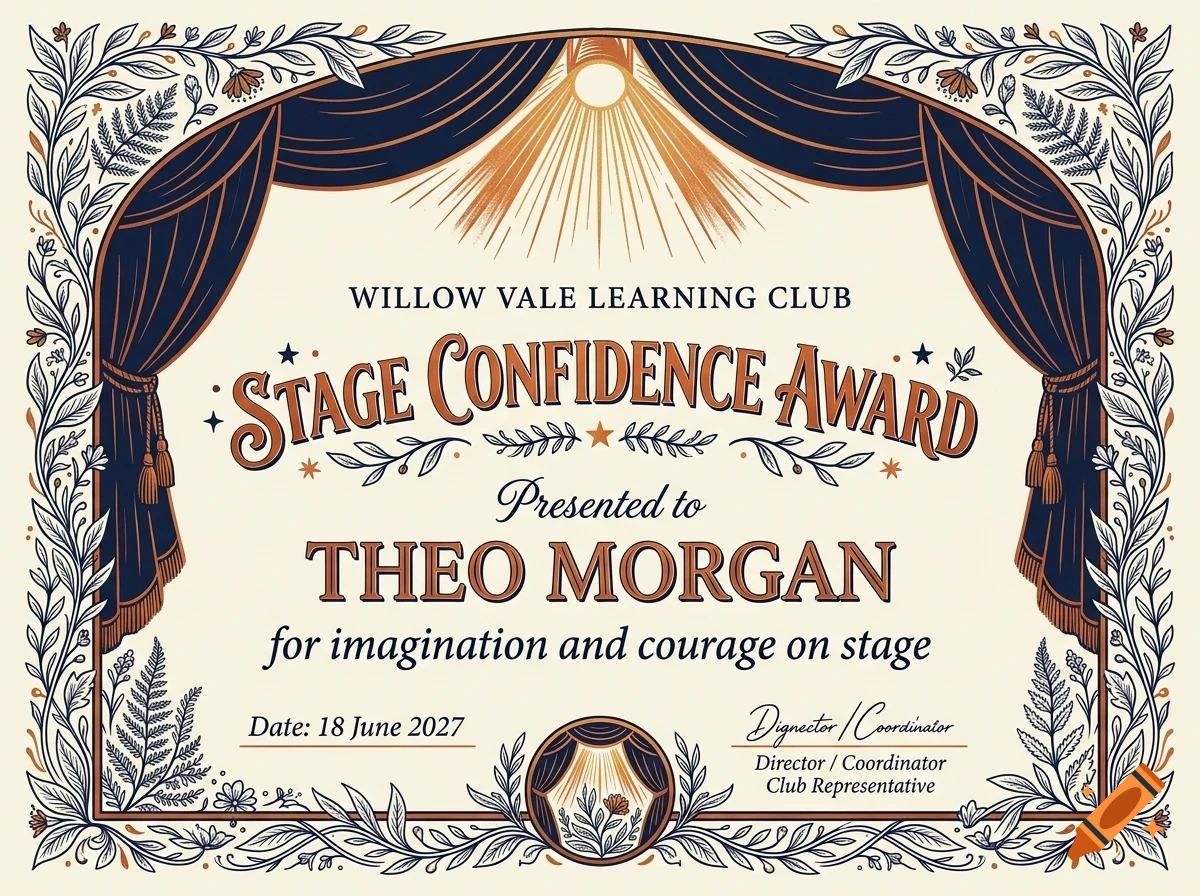 An award certificate featuring ornate theatrical curtains, floral borders, and lettering that reads Stage Confidence Award for Theo Morgan.