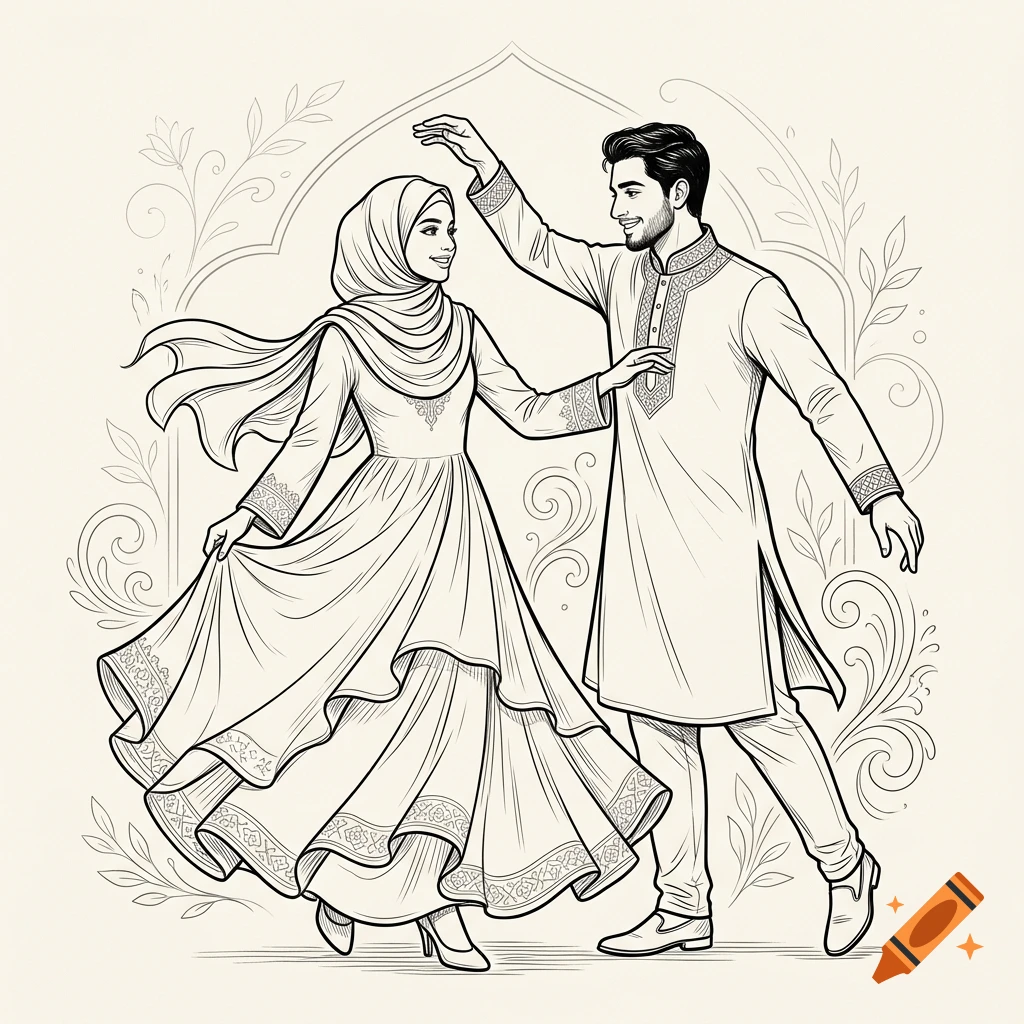 Black and white line art of a Muslim couple in traditional attire dancing together against an ornate arch background.