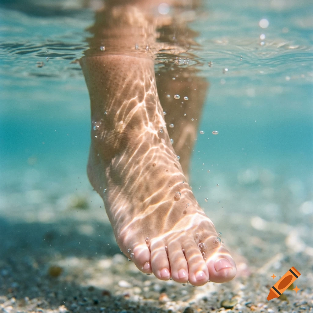 A woman's foot and lower leg submerged in clear blue water with shimmering light and bubbles.