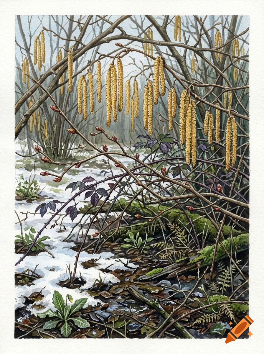 A detailed watercolor painting showing a winter forest scene with bare branches, hanging catkins, and patches of snow on the ground.