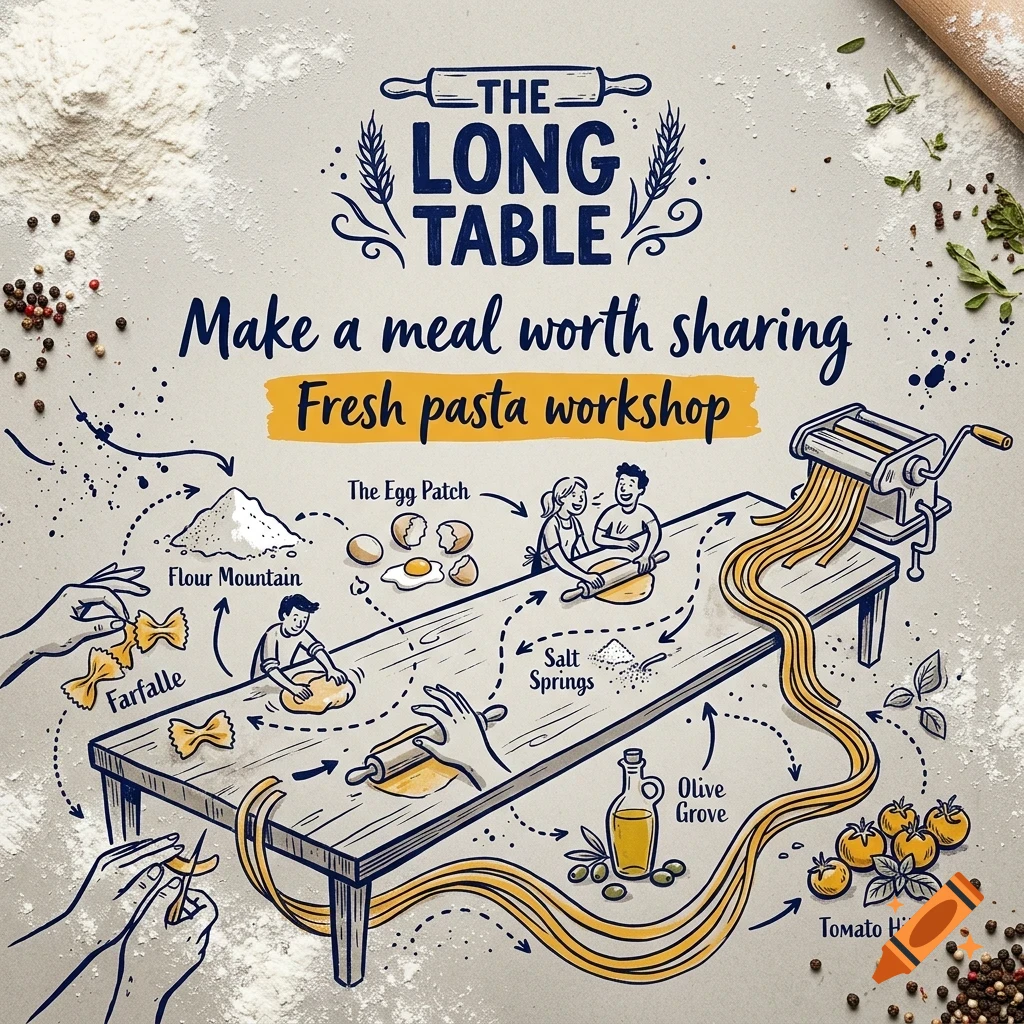 An illustrated instructional poster for a fresh pasta workshop titled The Long Table, showing steps of making pasta on a long wooden table.