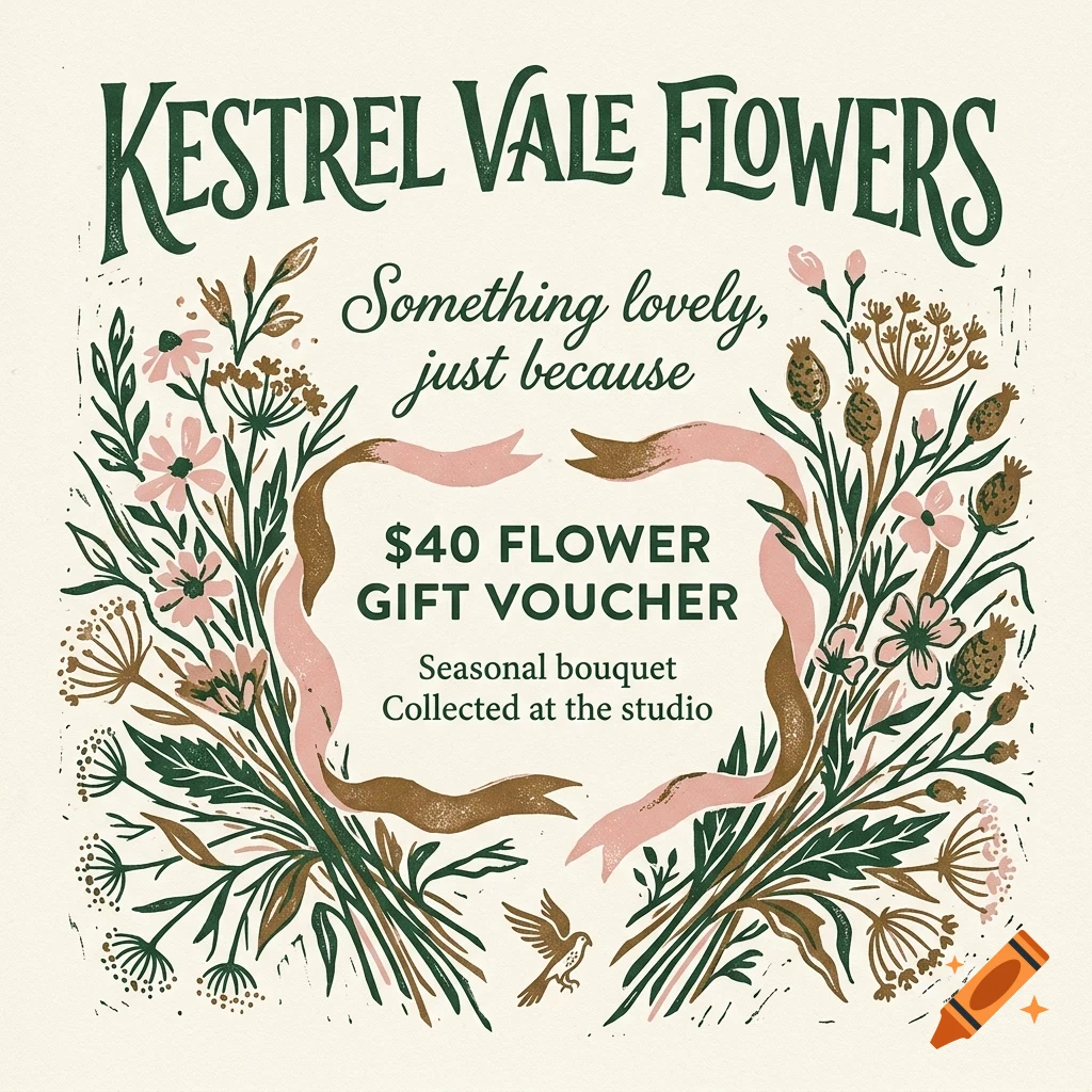 Illustration for Kestrel Vale Flowers gift voucher featuring botanical elements, pink ribbons, and a small bird.