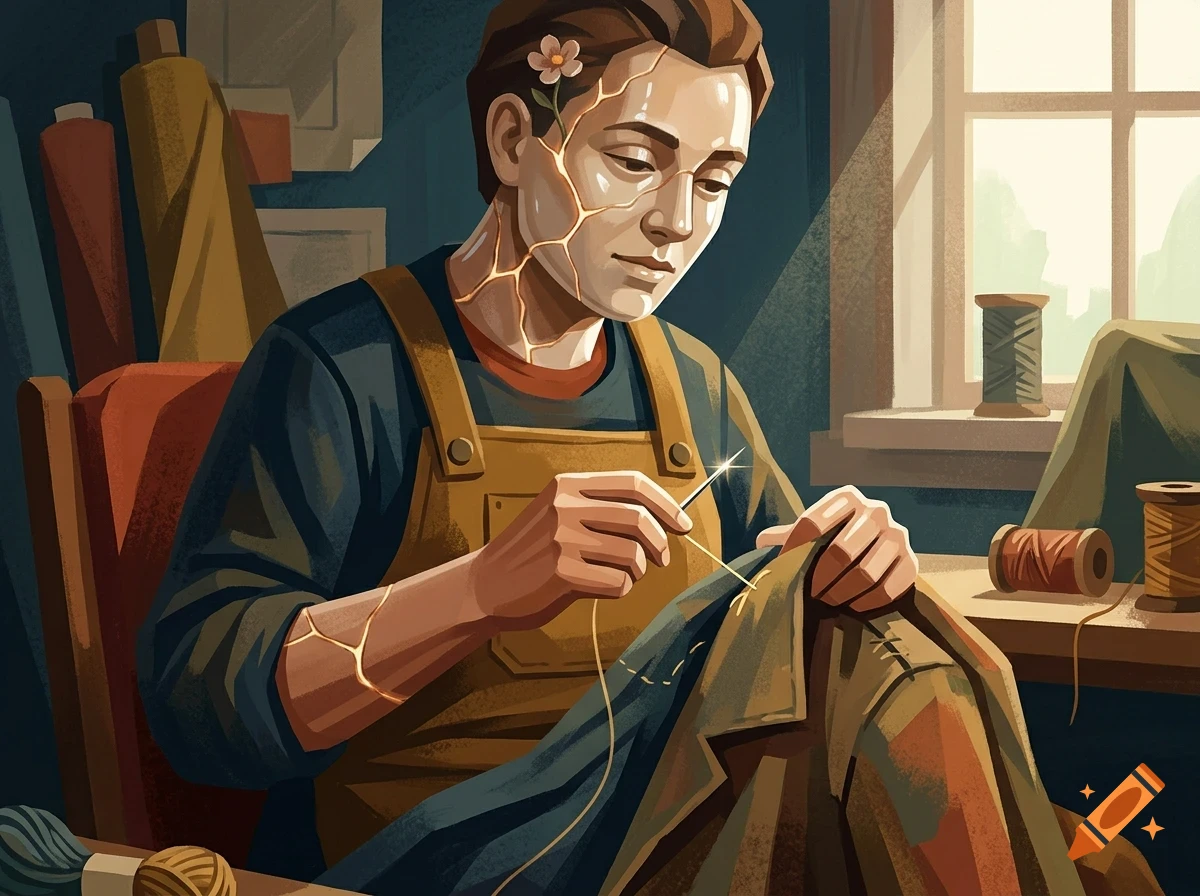 An illustrator-style image of a person with cracks glowing on their skin, sitting indoors sewing a garment with a needle and thread.