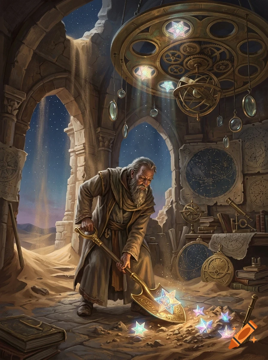 An elderly bearded man in robes uses a golden shovel to unearth glowing star-like objects in a stone ruin filled with astronomical instruments.