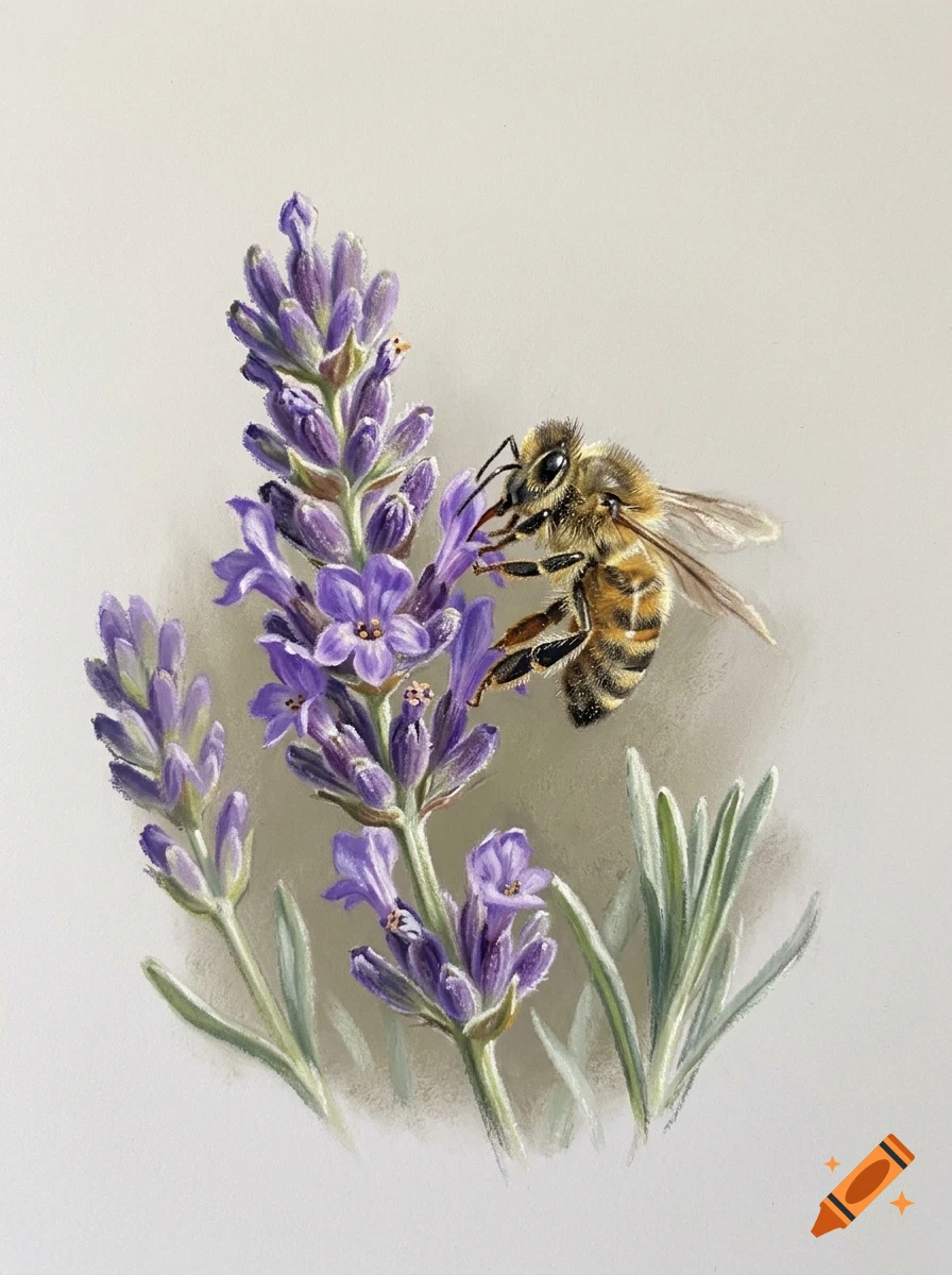 A detailed drawing of a honeybee pollinating a purple lavender flower against a light background.