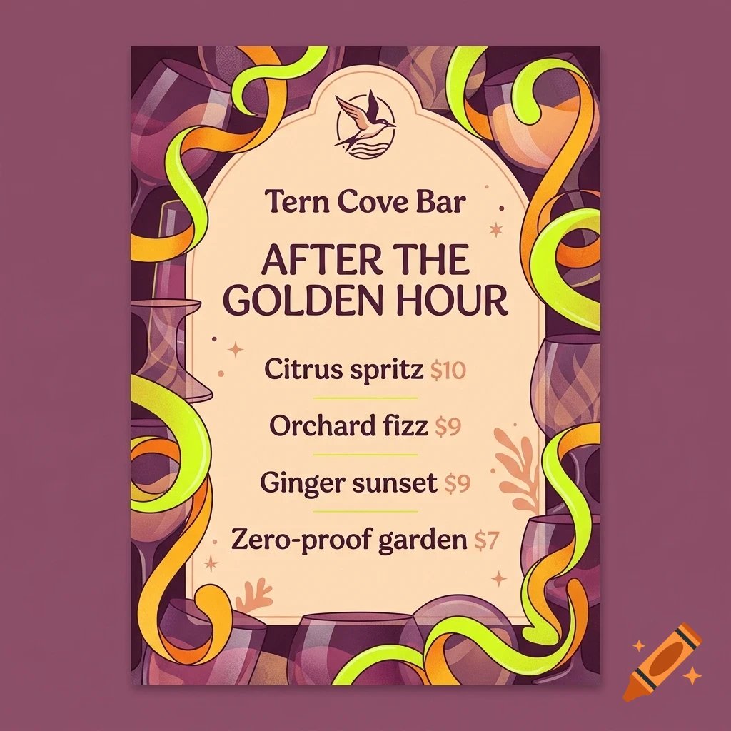 An illustrated menu for Tern Cove Bar titled After the Golden Hour, featuring drink prices and surrounded by wine glasses and colorful ribbons.