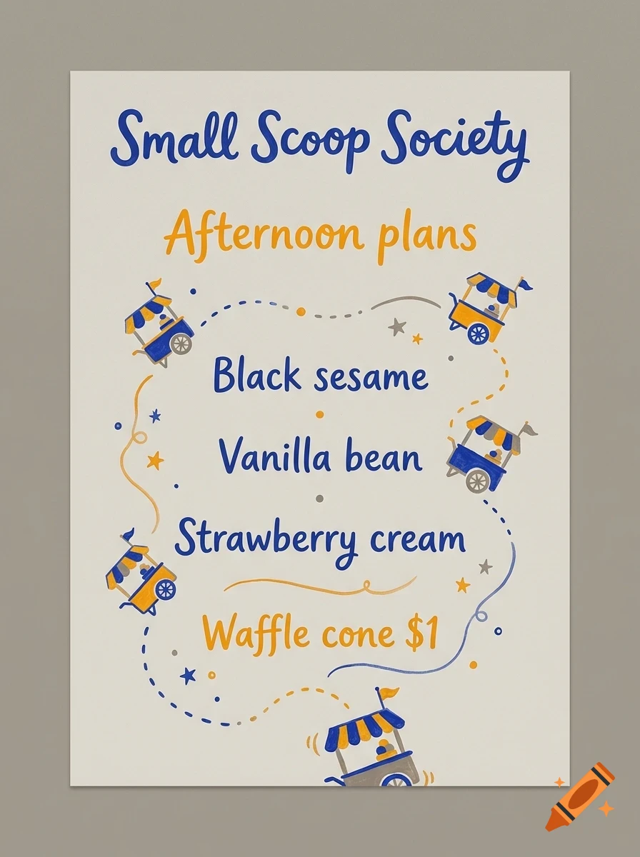 An illustrated poster with blue and orange text reading Small Scoop Society and ice cream flavors, decorated with small ice cream carts and dotted lines.