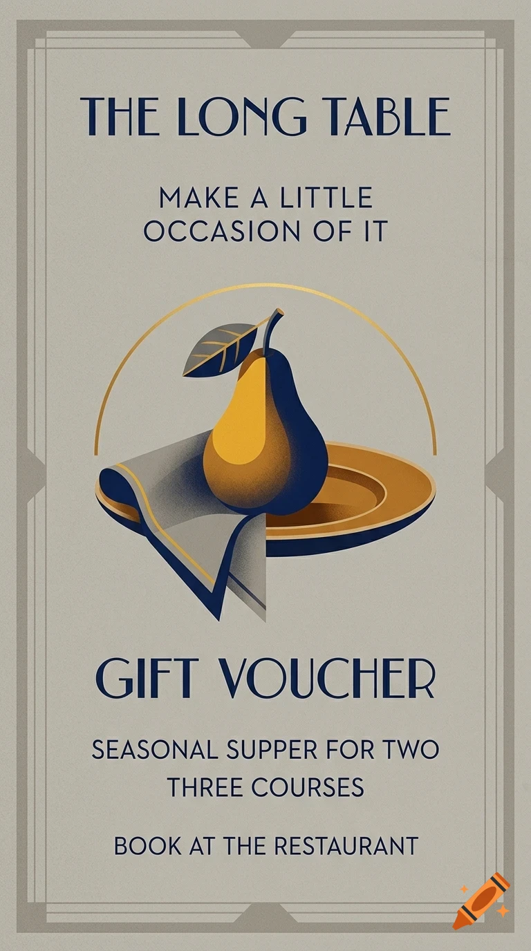 A poster for The Long Table featuring a pear on a plate and napkin with lettering reading gift voucher.