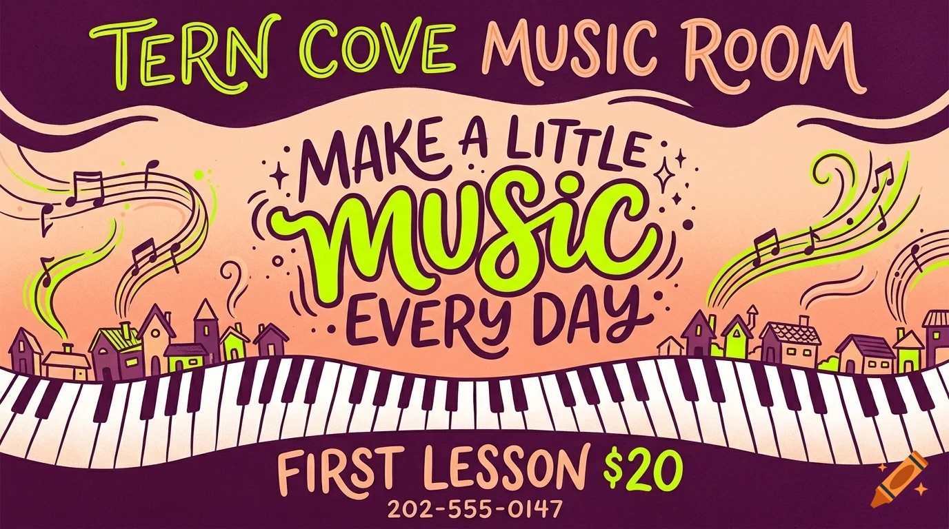 An illustrative poster for Tern Cove Music Room with piano keys, musical notes, houses, and the text make a little music every day.