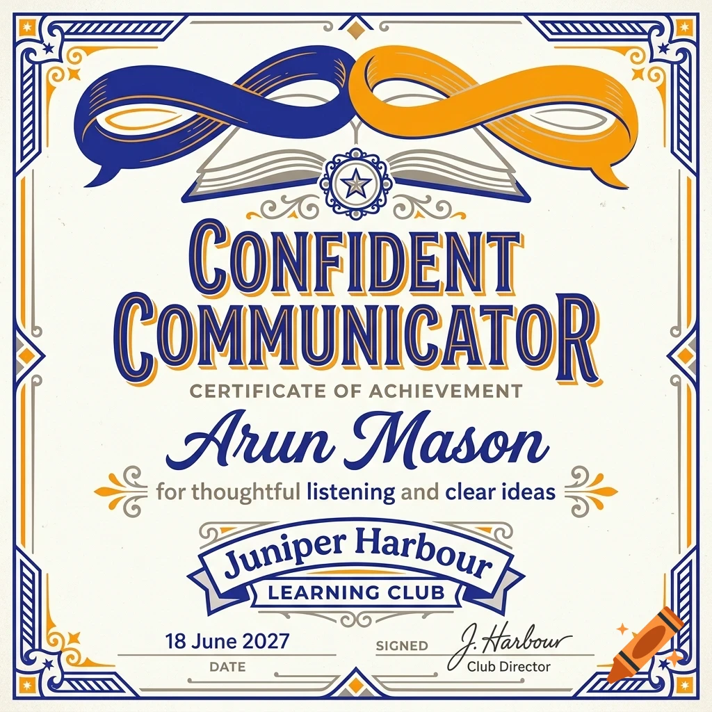 Certificate of achievement for Confident Communicator awarded to Arun Mason, featuring ornate vintage borders, ribbons, and a book graphic.