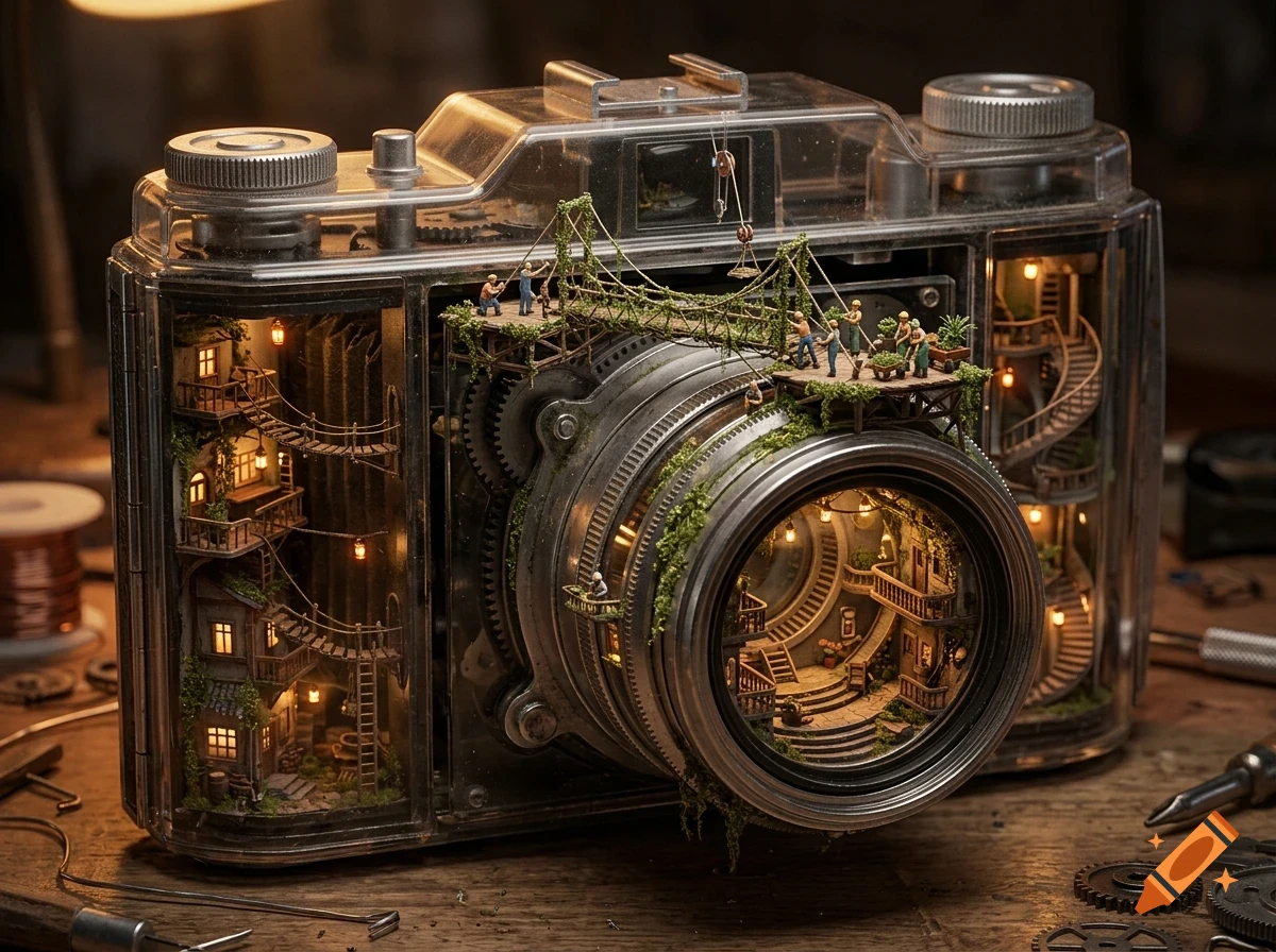 A detailed diorama inside a transparent vintage camera, featuring tiny people building and maintaining a miniature world among gears and lenses.
