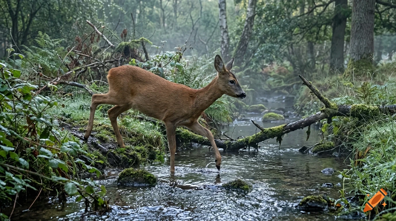 A deer steps across a shallow, flowing stream in a misty forest.