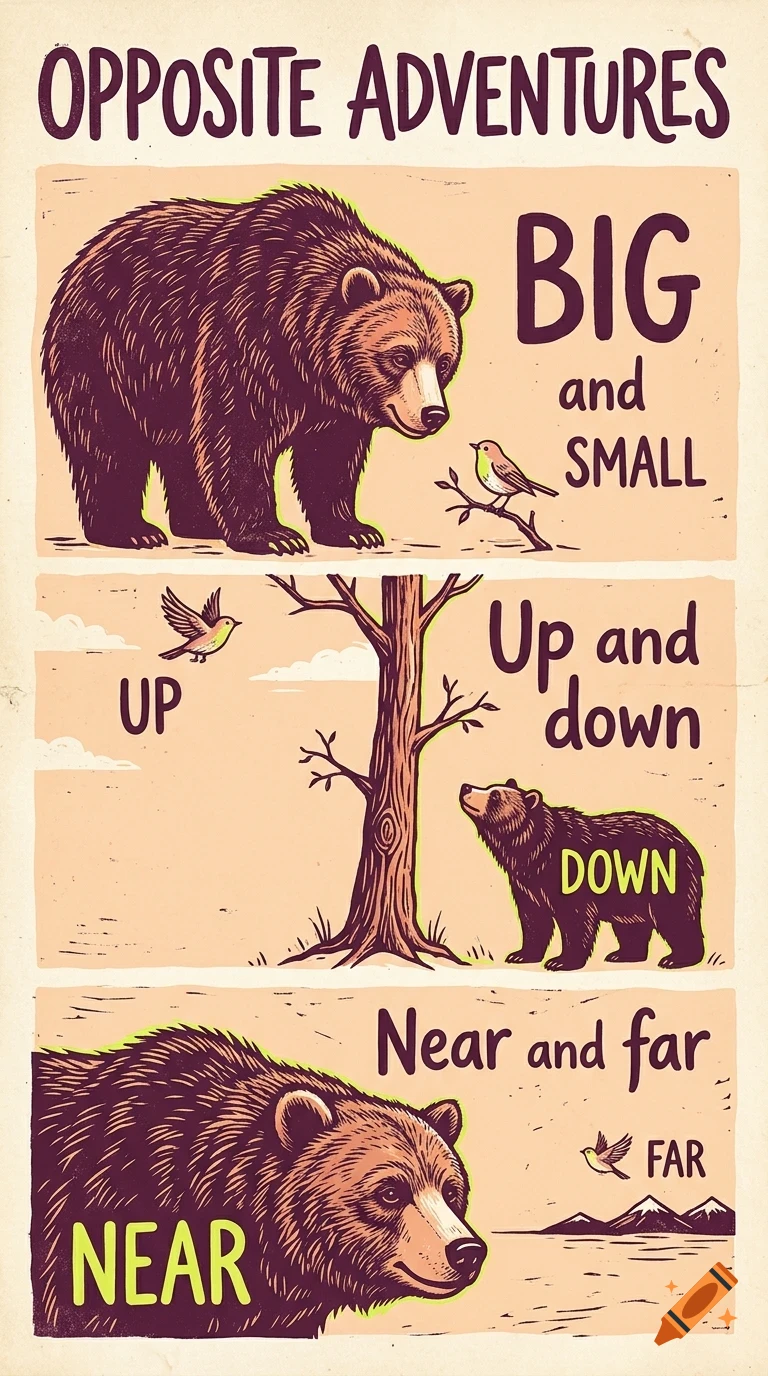 An educational poster titled Opposite Adventures depicting a bear and a bird demonstrating concepts like big and small, up and down, and near and far.