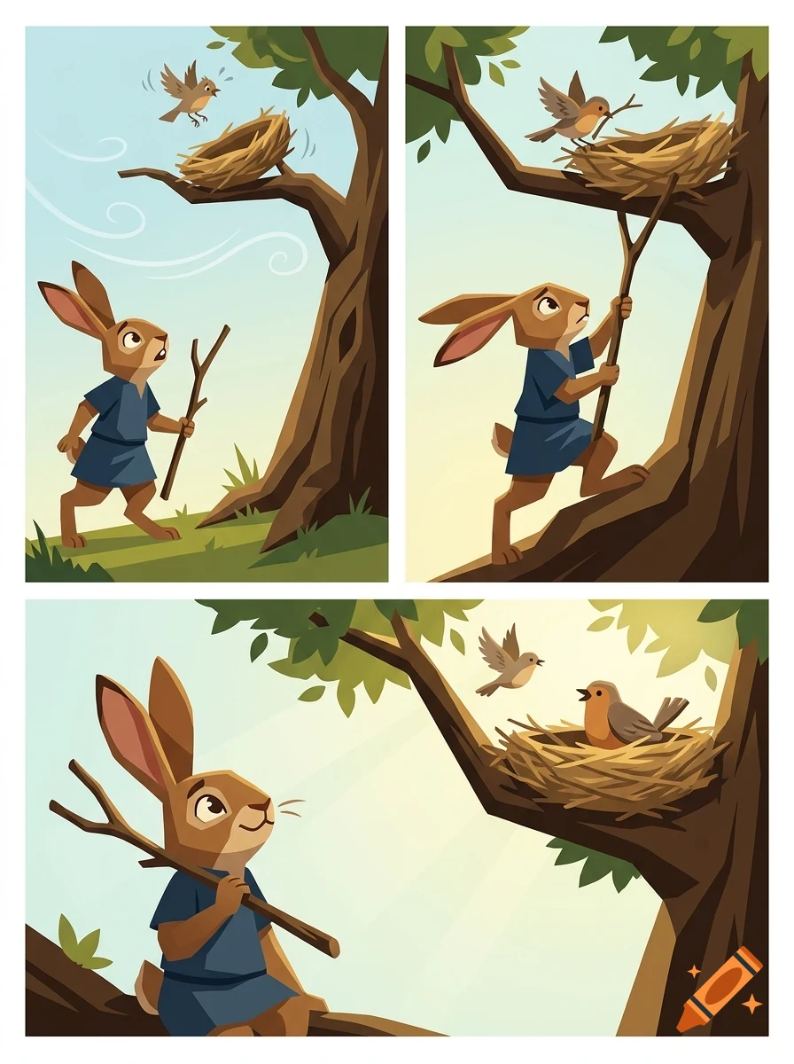 A cartoon comic strip showing a rabbit helping a bird build a nest in a tree.