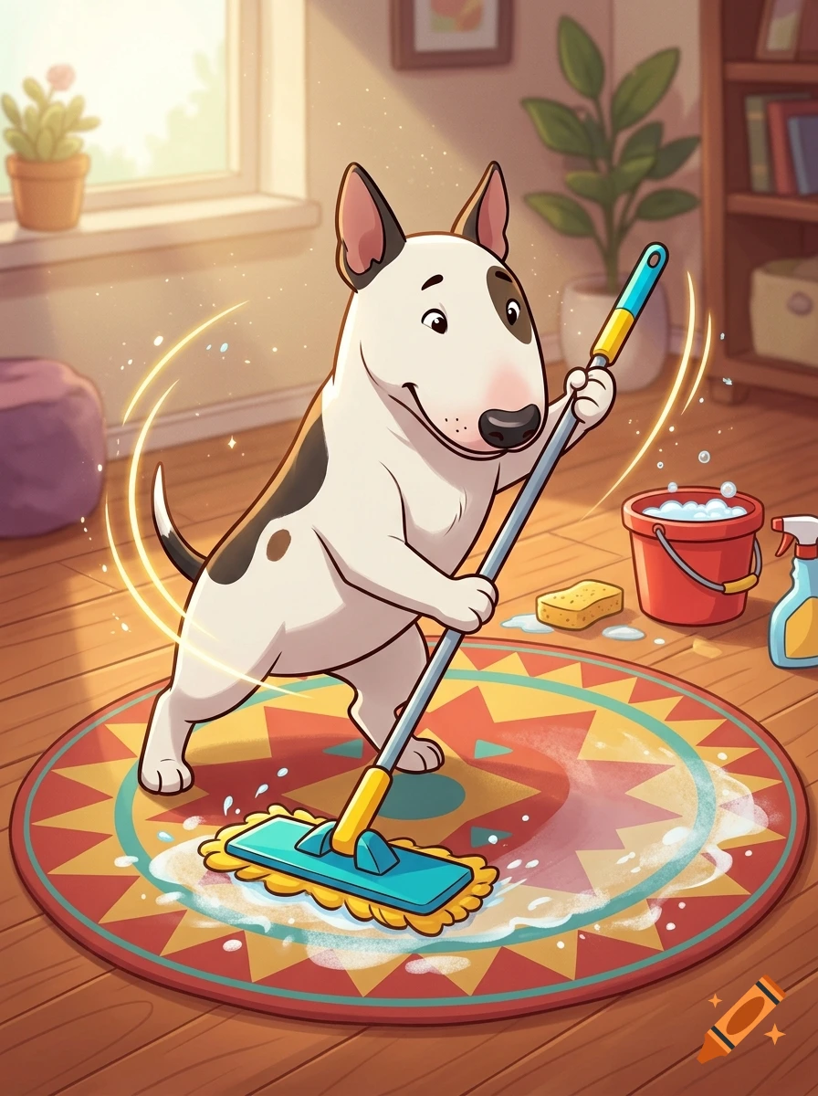 Cartoon bull terrier mopping a colorful round rug in a sunny living room