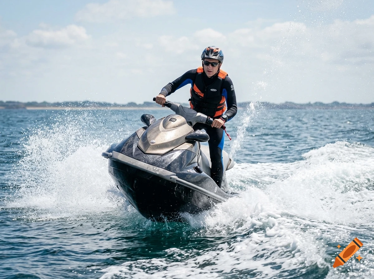 A man wearing a helmet and life jacket riding a jet ski on the ocean with water splashing around, photorealistic.