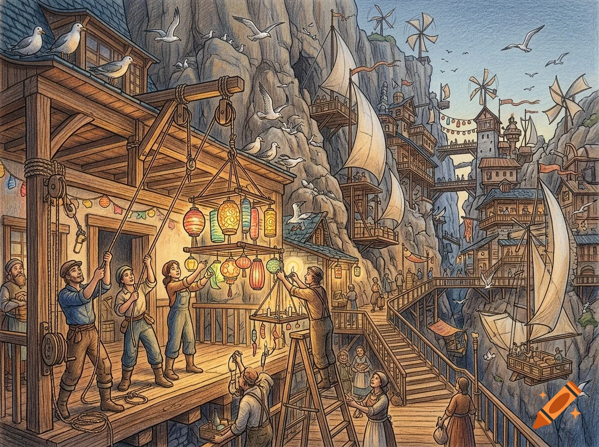 An ink and pencil illustration of a bustling coastal village built into steep cliffs, with people hanging lanterns and sailboats moored along wooden docks.