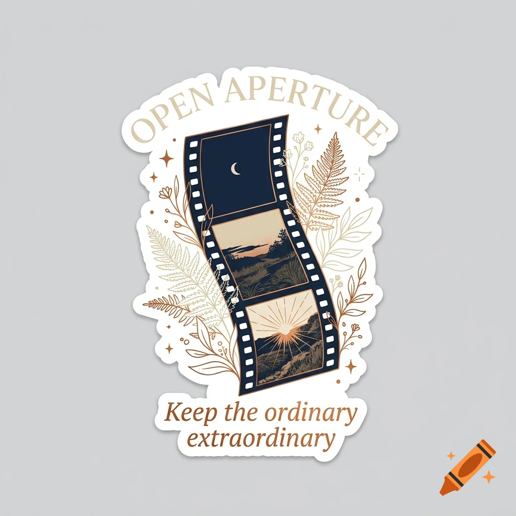 A sticker design featuring a vertical film strip with landscape scenes surrounded by botanical elements and the text OPEN APERTURE and Keep the ordinary extraordinary.