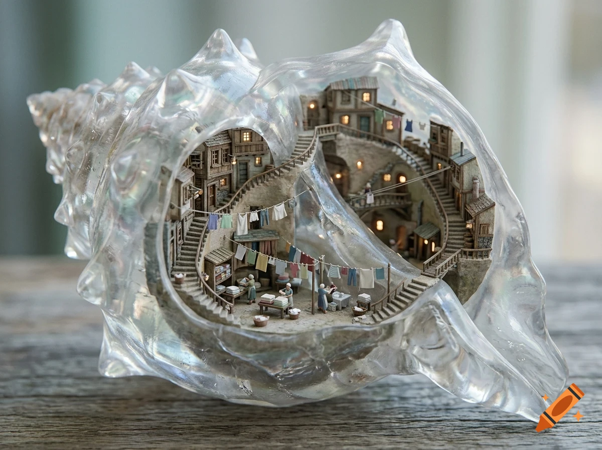 A tiny, detailed village with houses, stairs, and tiny figures doing laundry built inside a hollow transparent seashell.