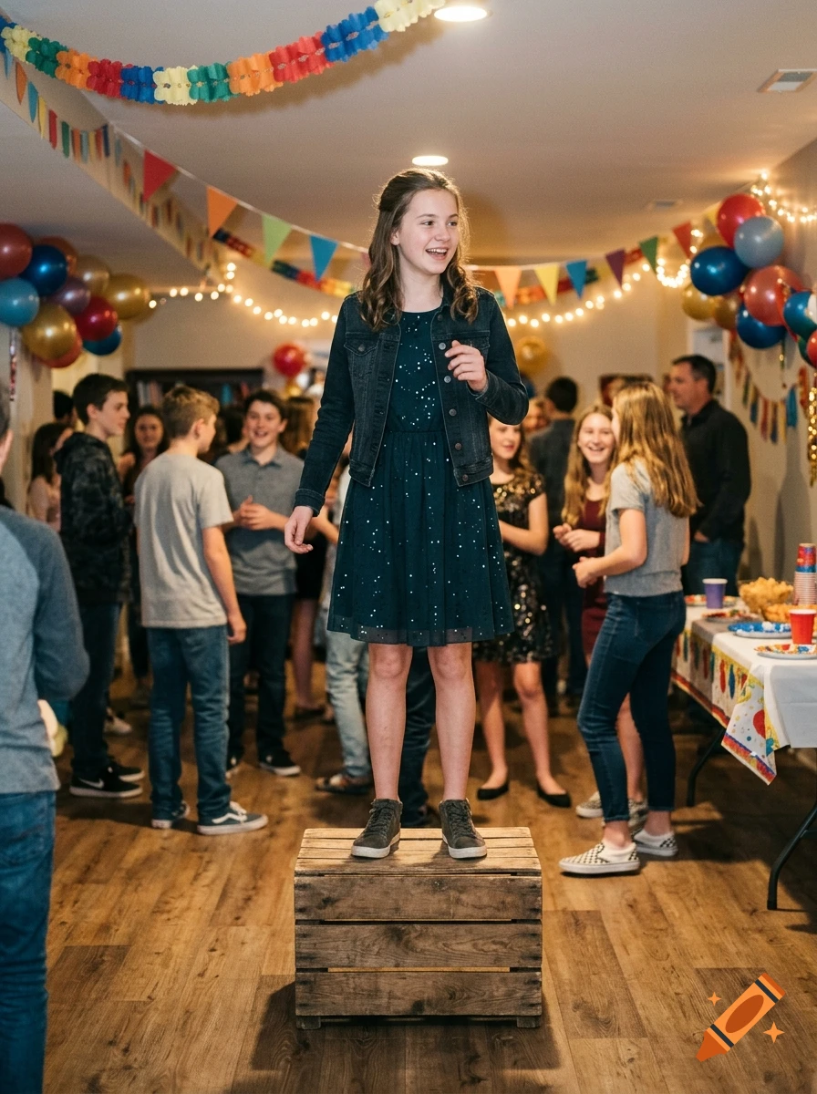 A teenage girl in a dark dress and denim jacket stands on a wooden crate in a room decorated with party streamers and balloons, surrounded by other teenagers.