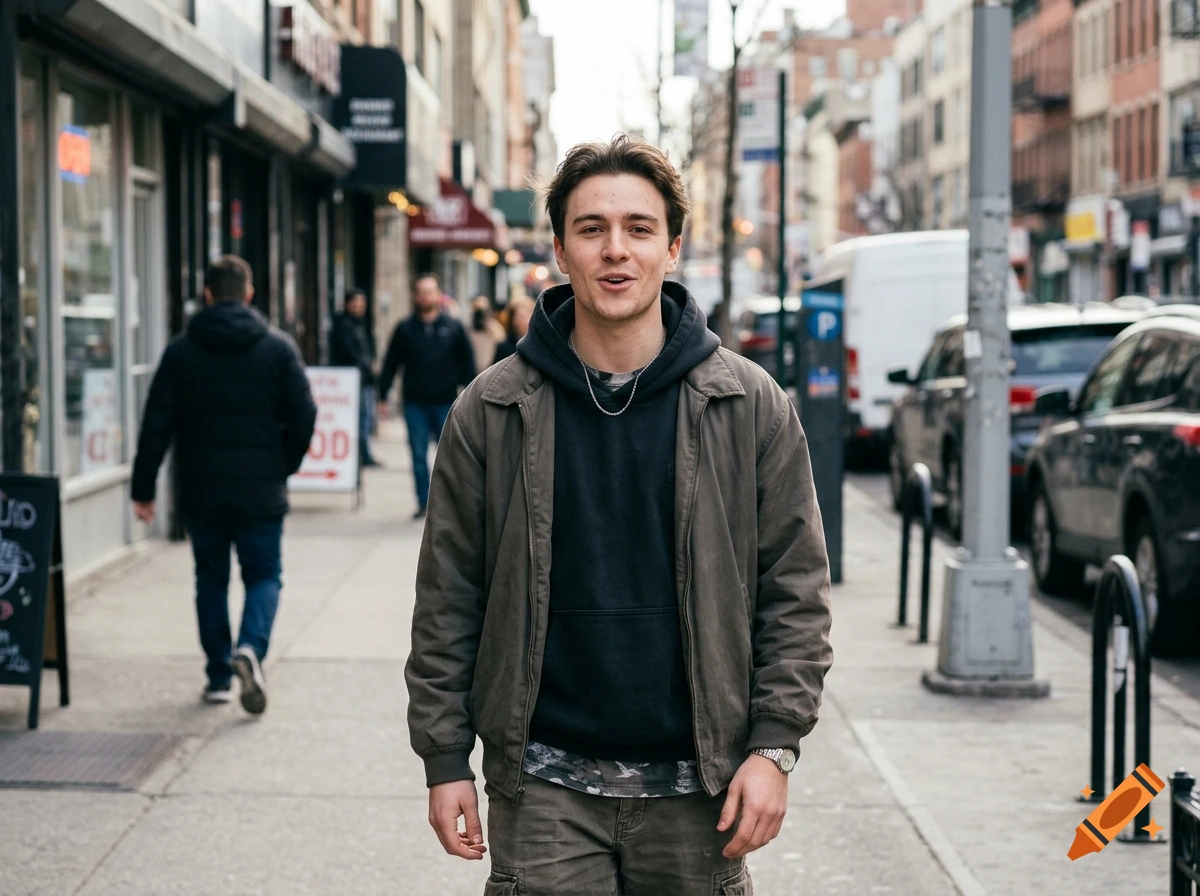 Photorealistic shot of a young man smiling while walking down a busy city street.