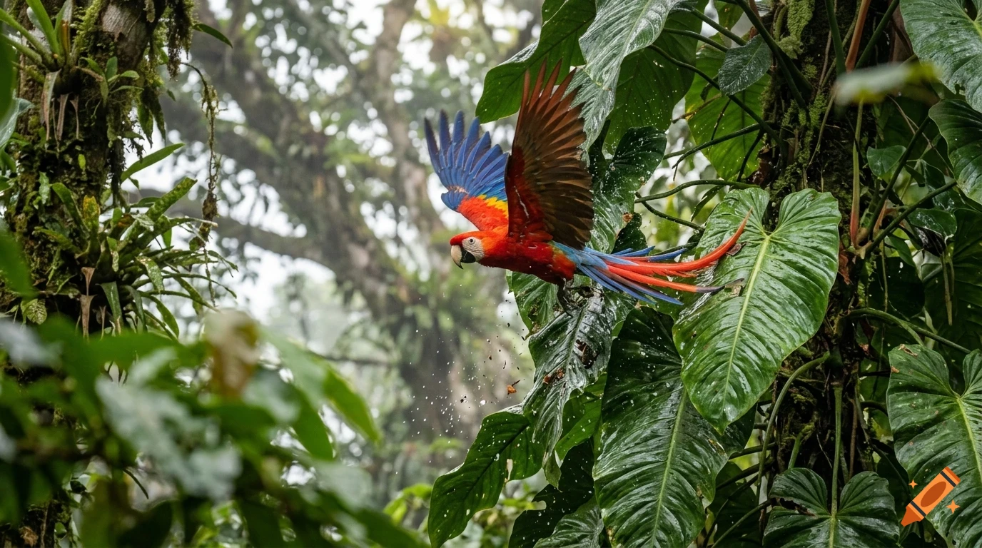 A colorful scarlet macaw in flight amidst lush green rainforest foliage.