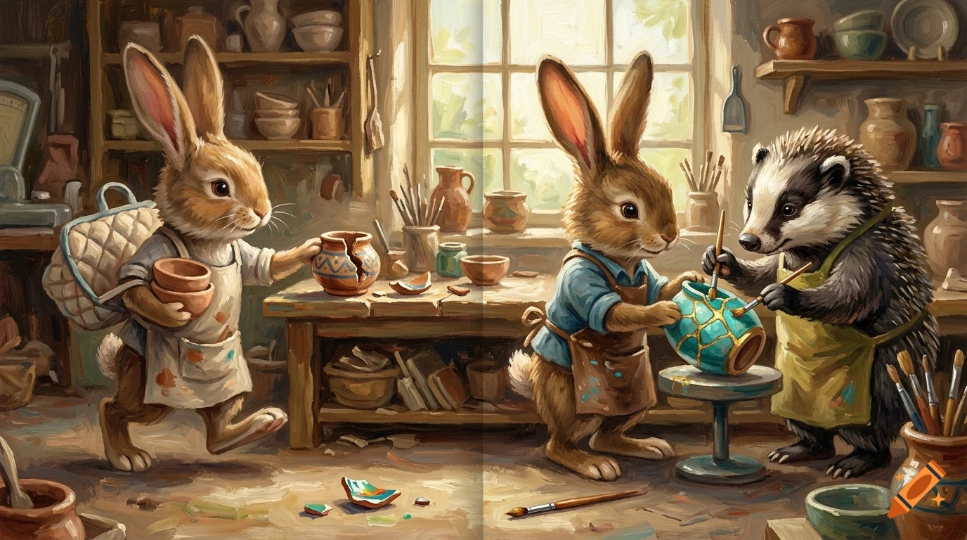 An illustration of anthropomorphic rabbits and a badger painting pottery inside a rustic workshop.