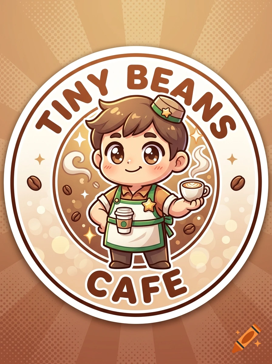 An anime-style sticker design featuring a cute male barista holding coffee cups with the text 'TINY BEANS CAFE' curved around him.
