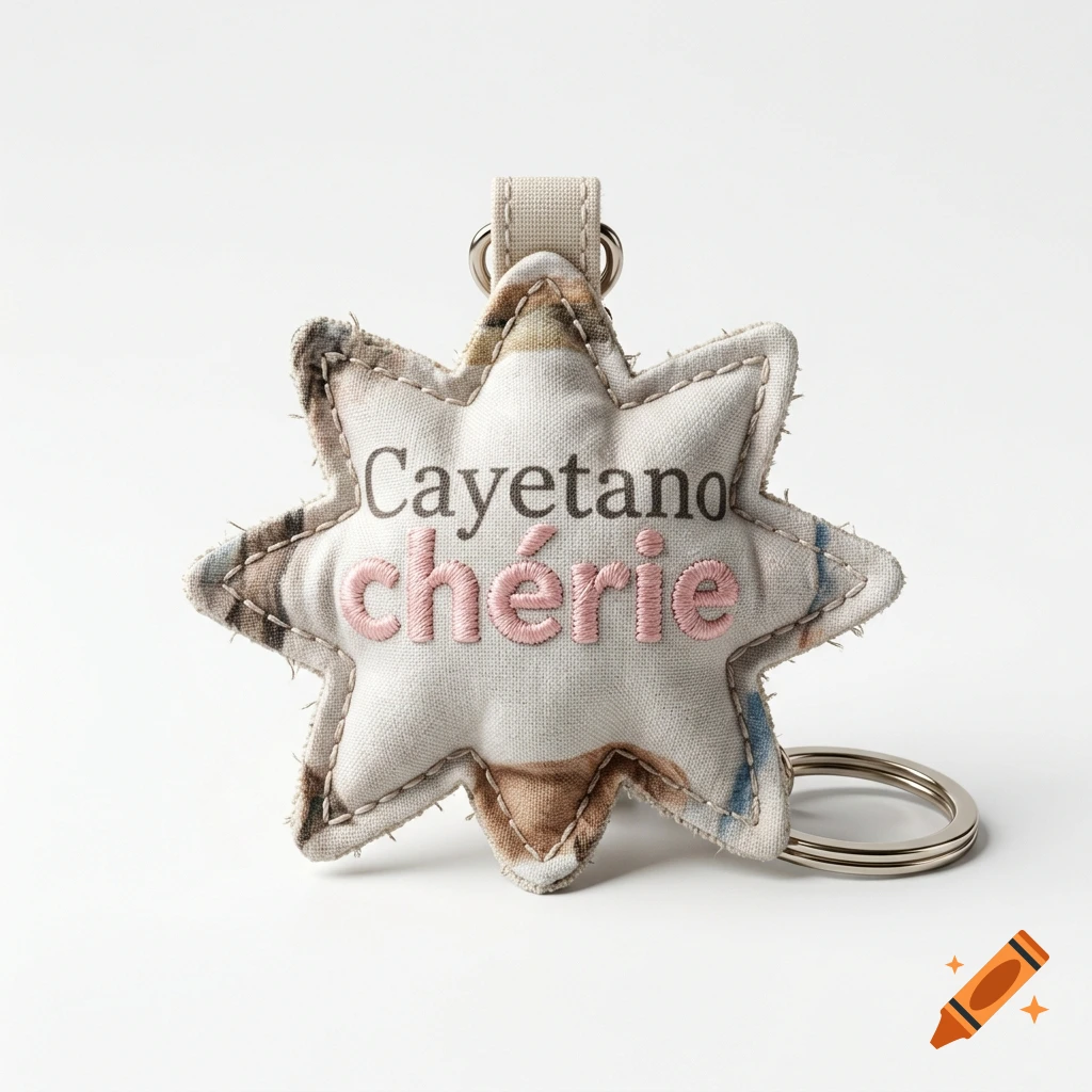 A star-shaped fabric keychain with embroidered text reading Cayetano chérie on a white background, photorealistic style.