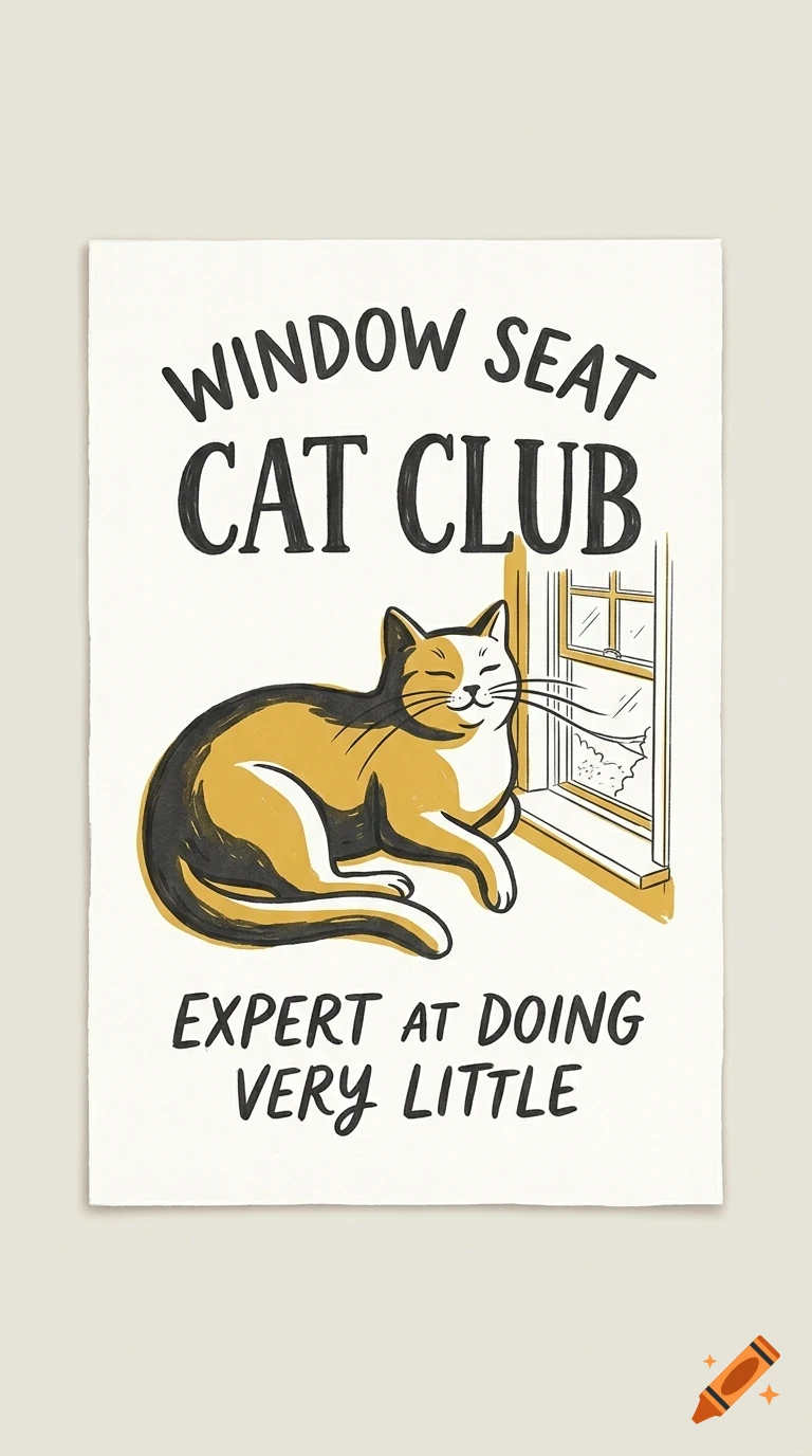 An illustration of a cat lying by a window with the text WINDOW SEAT CAT CLUB EXPERT AT DOING VERY LITTLE.