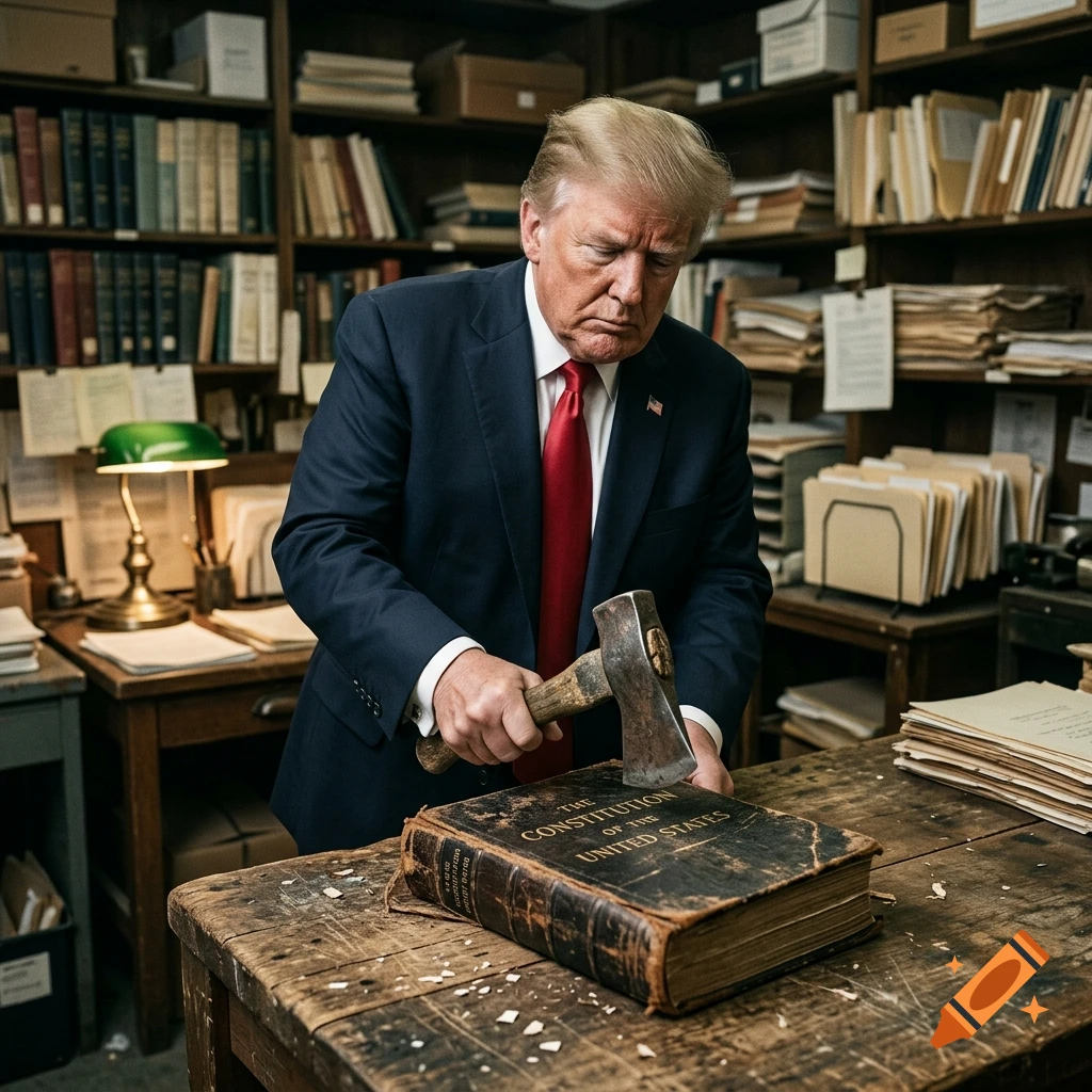 Photorealistic image of Donald Trump holding a hatchet over a vintage book titled The Constitution of the United States in a library.