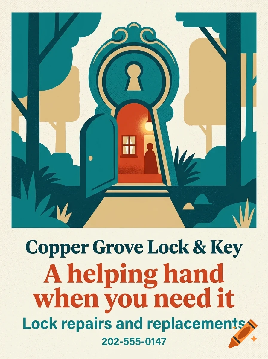 An illustrated poster for Copper Grove Lock & Key featuring a stylized keyhole-shaped doorway opening into a lit interior, surrounded by trees.