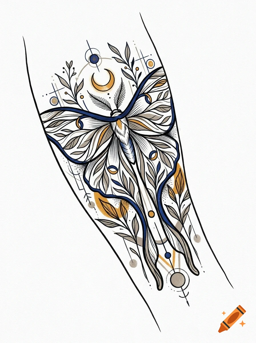 An ornate illustration of a long-tailed moth surrounded by botanical elements, geometric lines, and a crescent moon, presented as a tattoo flash design.
