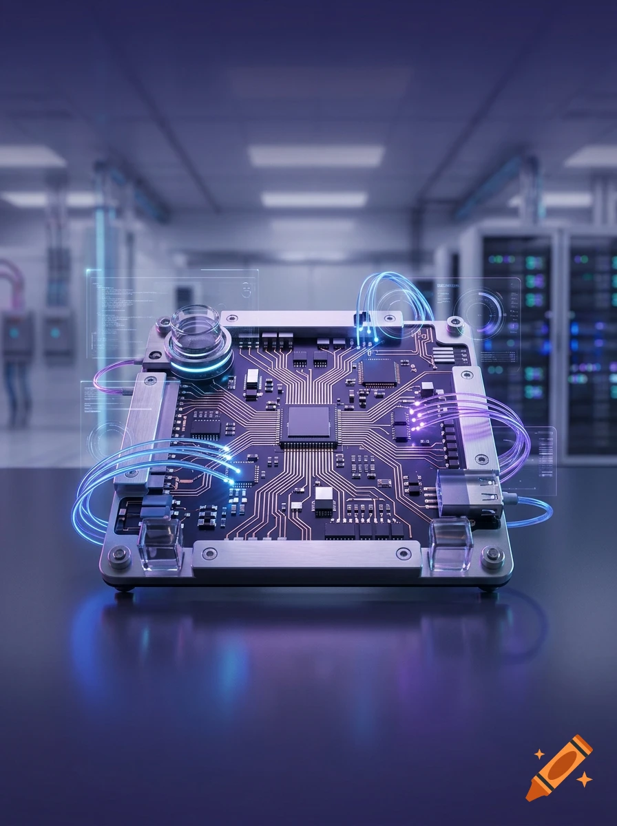 Futuristic microchip with glowing circuit traces and digital HUD elements on a dark surface in a server room.