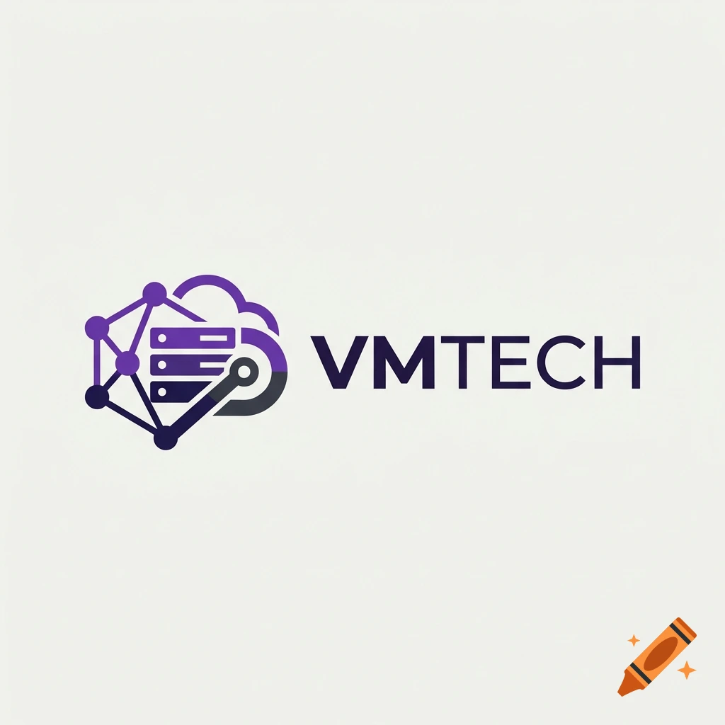 Purple and dark grey logo for VMTECH featuring a cloud, server racks, and a connected network node structure.