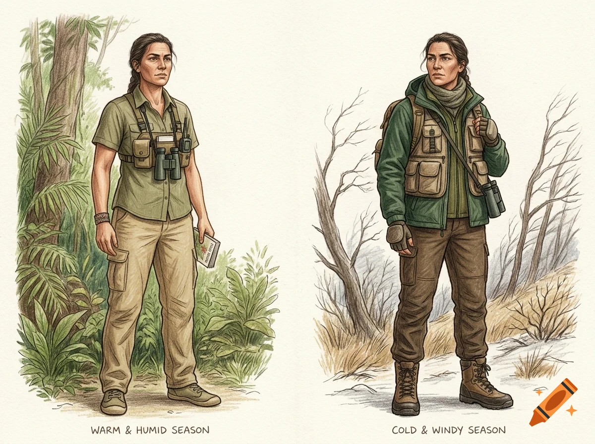 Illustration showing a woman in two different outfits for warm and cold seasons.