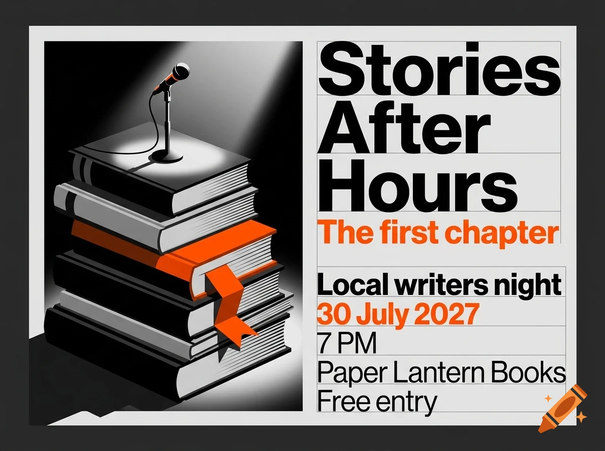 A poster featuring a stack of books with a microphone on top and the text Stories After Hours.