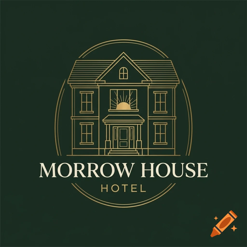 A gold-lined vector logo of a house with the text MORROW HOUSE HOTEL on a dark green background.